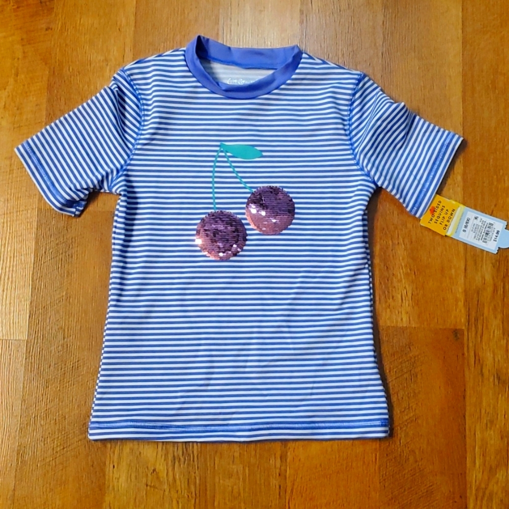 Cat & Jack Girls 6/6X‎ Short Sleeve Blue Striped Sequin Flip Cherry Rashguard